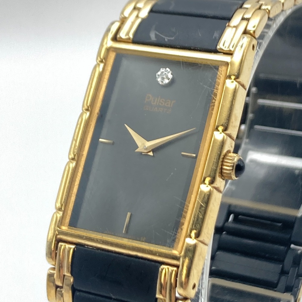 Vintage Pulsar Men's Watch Tank Gold Tone Black 23mm Y250-5390 New Battery 7.5"
